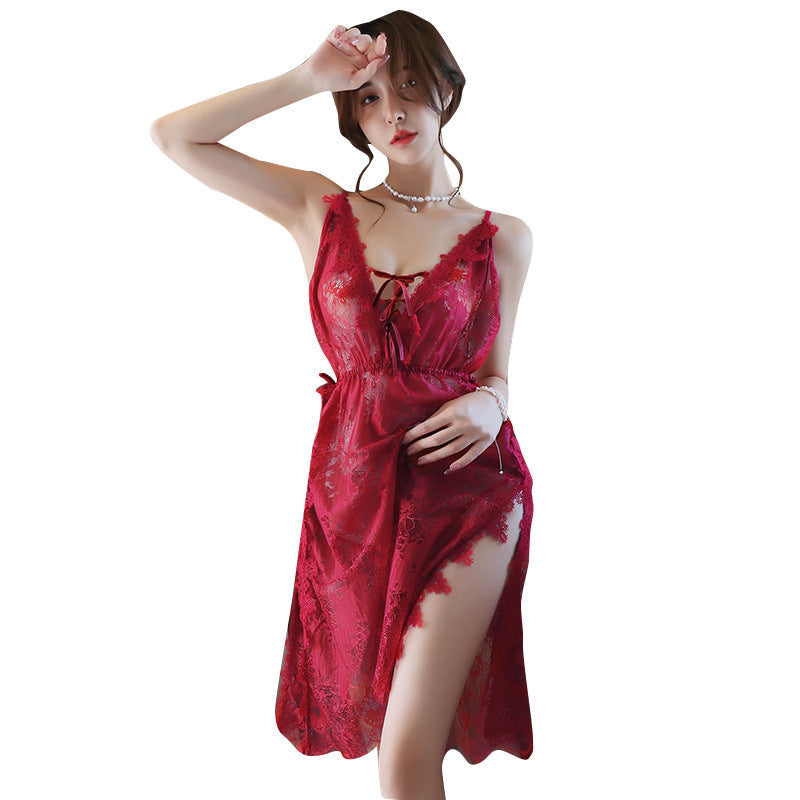 Lace side slit suspender nightgown