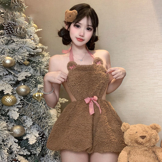 Plush backless short skirt