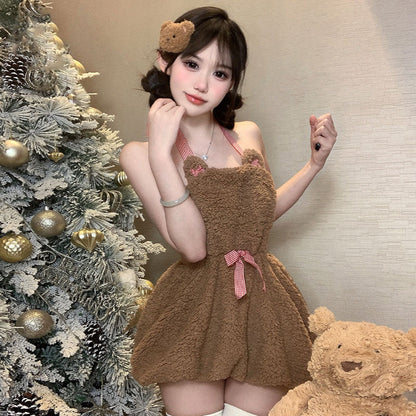 Plush backless short skirt