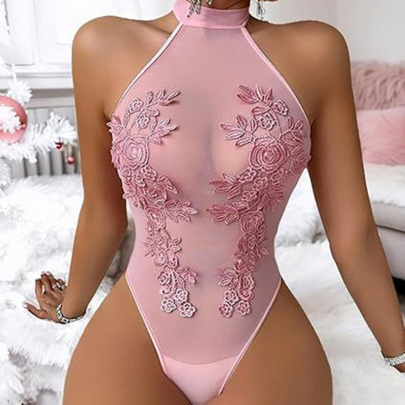 3D embroidered flower halter jumpsuit