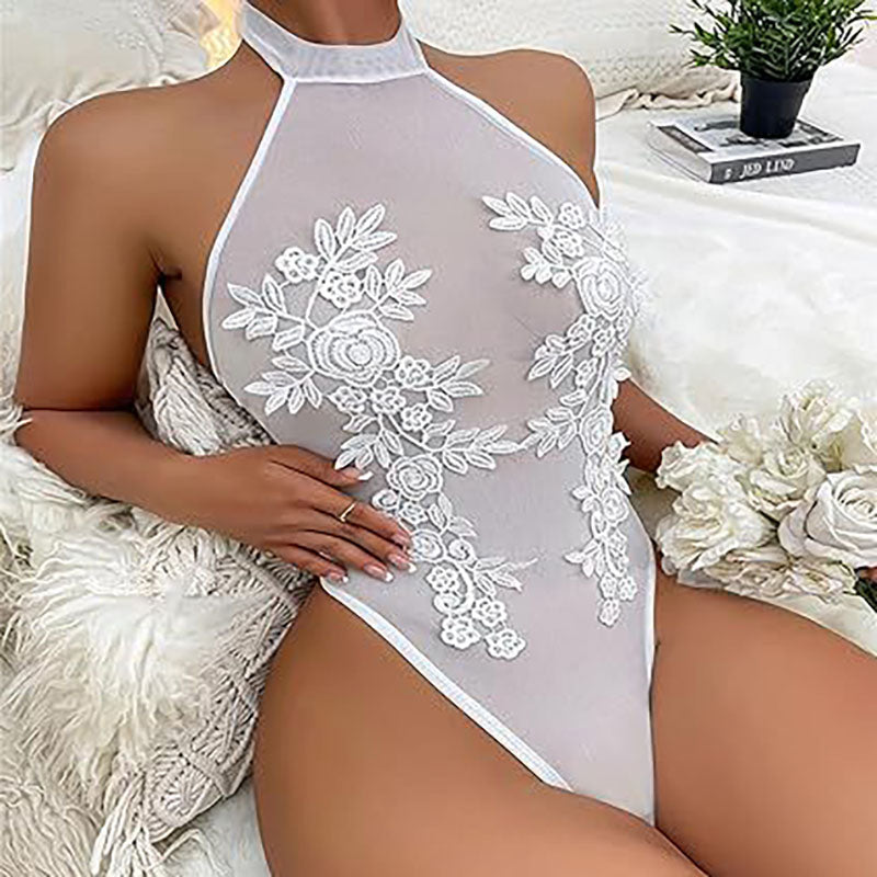 3D embroidered flower halter jumpsuit