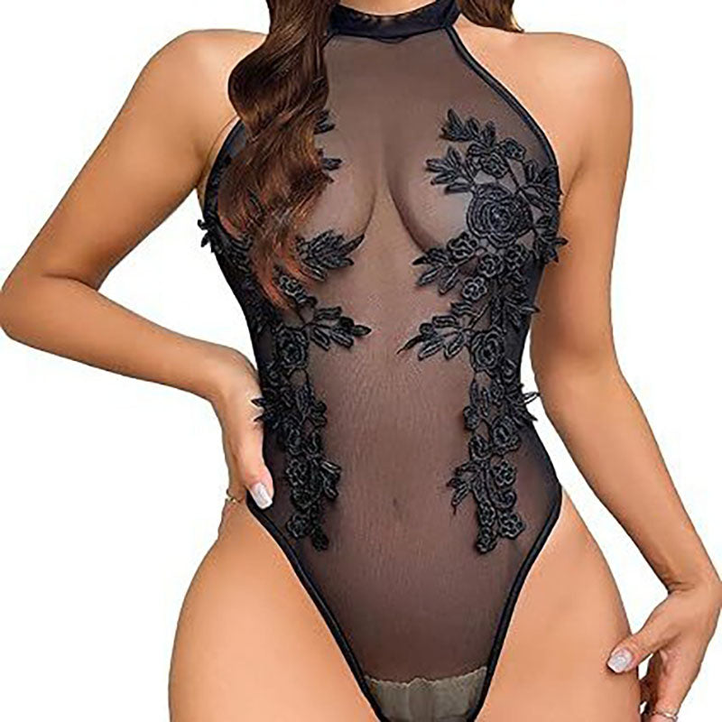 3D embroidered flower halter jumpsuit