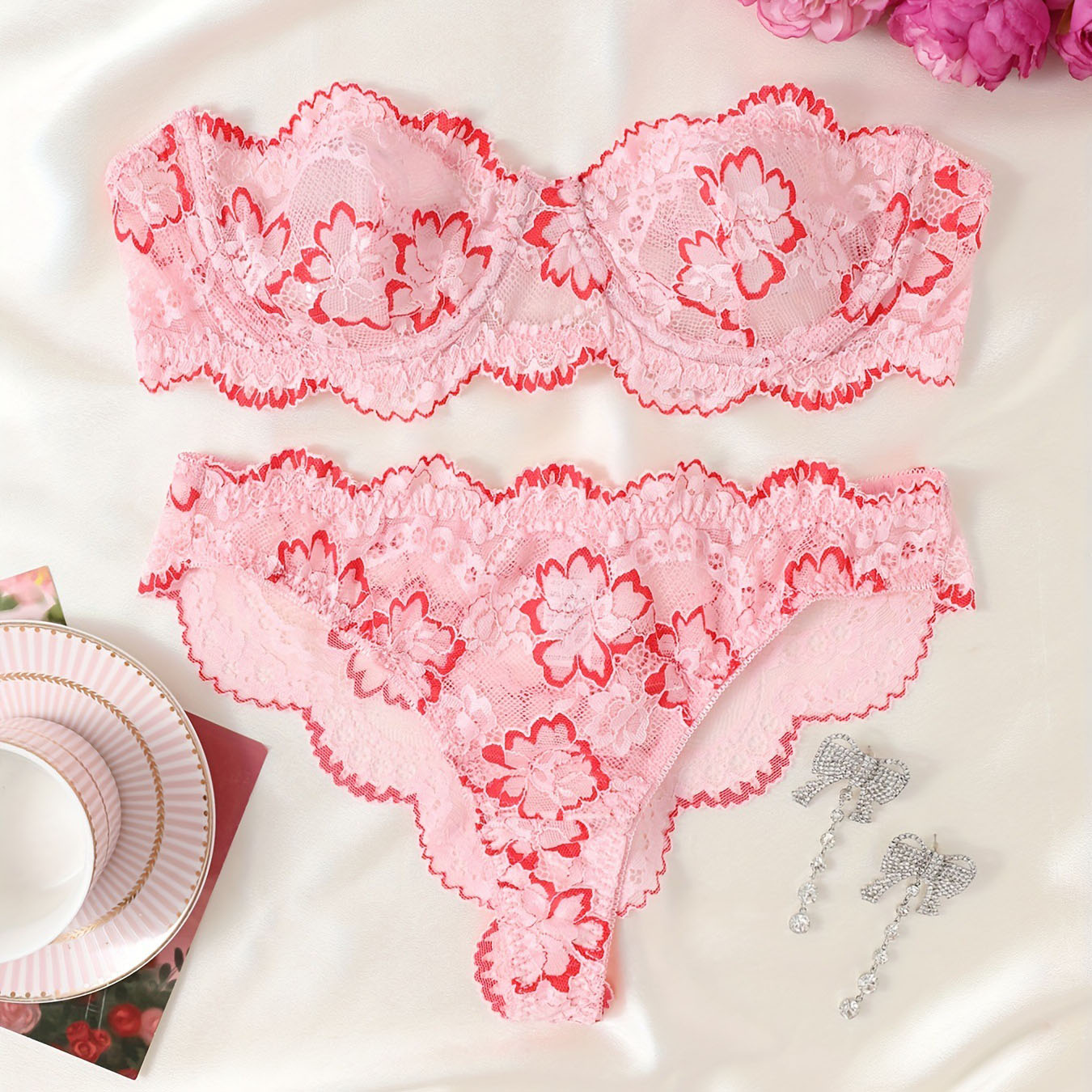 Flower hollow tube top panty set