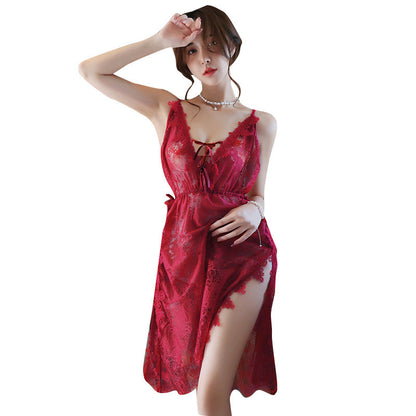 Lace side slit suspender nightgown