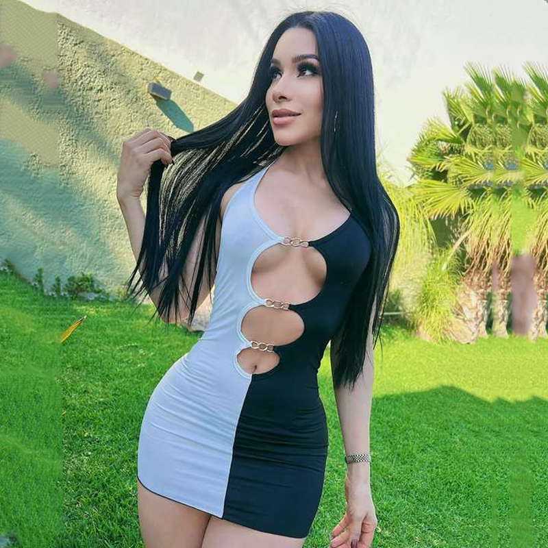 Black and white lace-up metal hollow dress