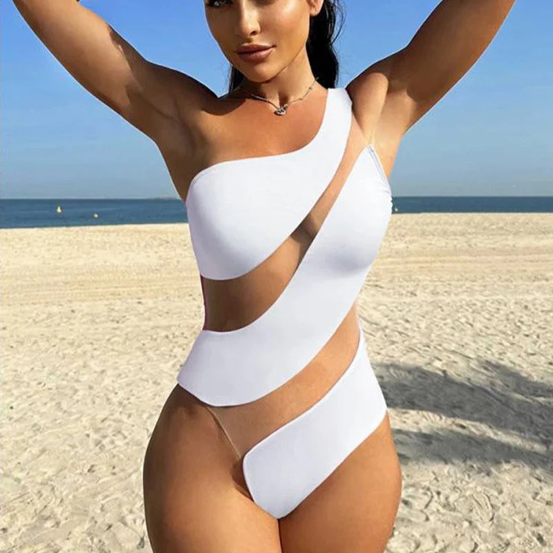 Mesh-paneled, openwork one-piece swimsuit