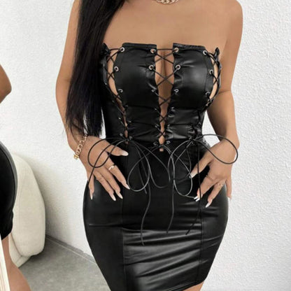 Sexy Tube-Top-Kleid mit engem Trägerkleid aus PU-Leder 