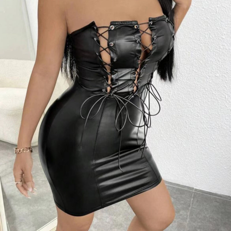 Sexy Tube-Top-Kleid mit engem Trägerkleid aus PU-Leder 