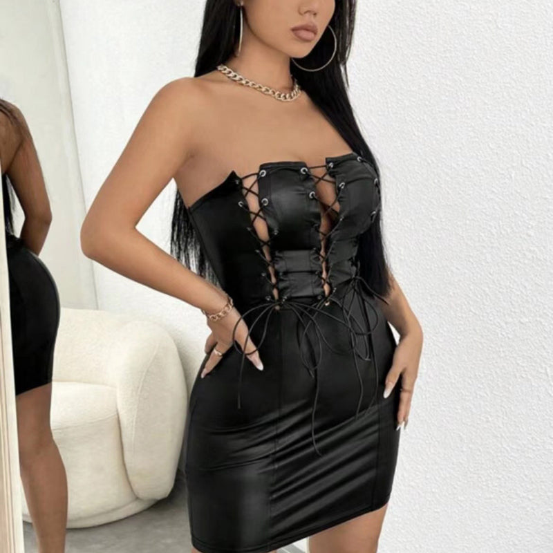 Sexy Tube-Top-Kleid mit engem Trägerkleid aus PU-Leder 