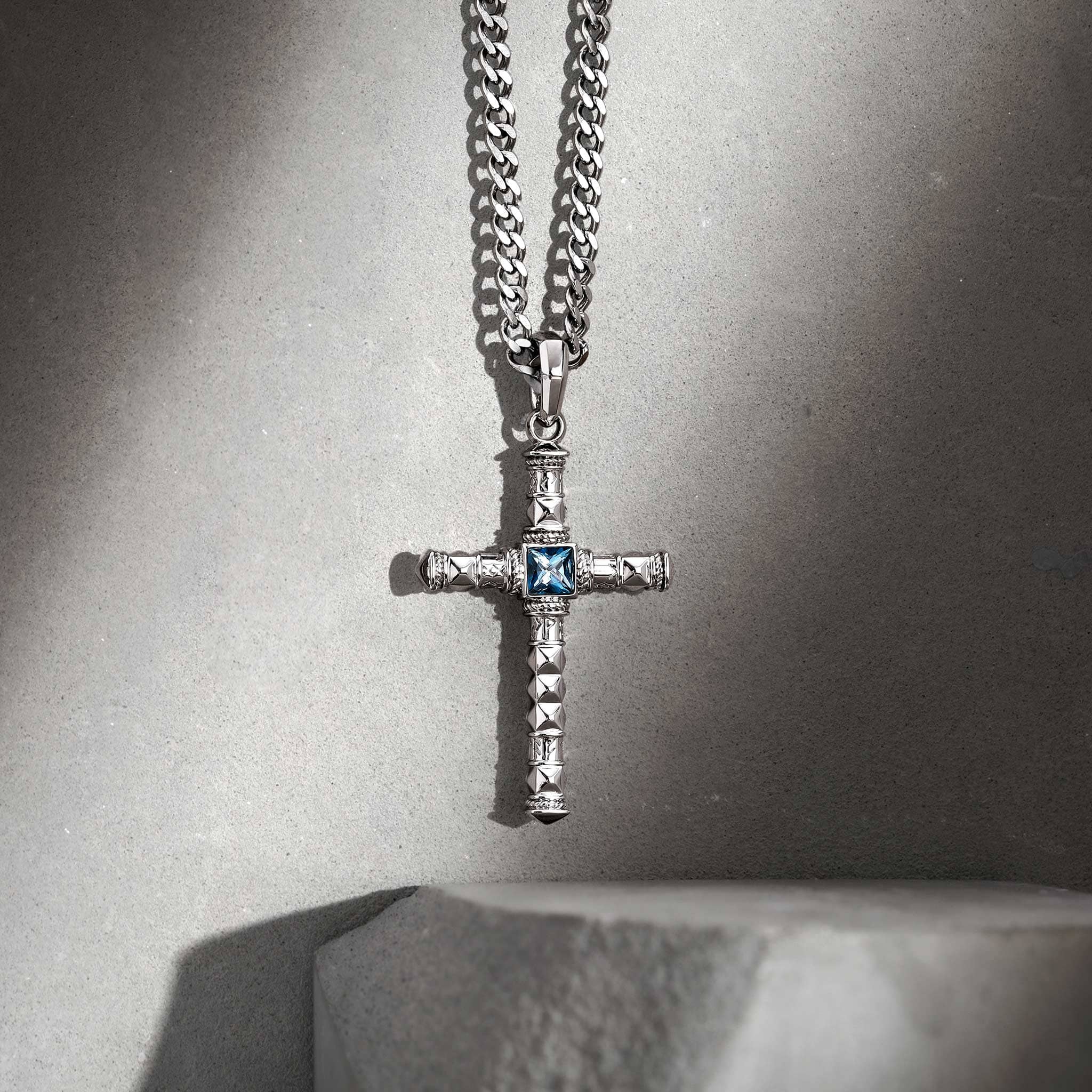 Rune Cross Necklace Blue Topaz